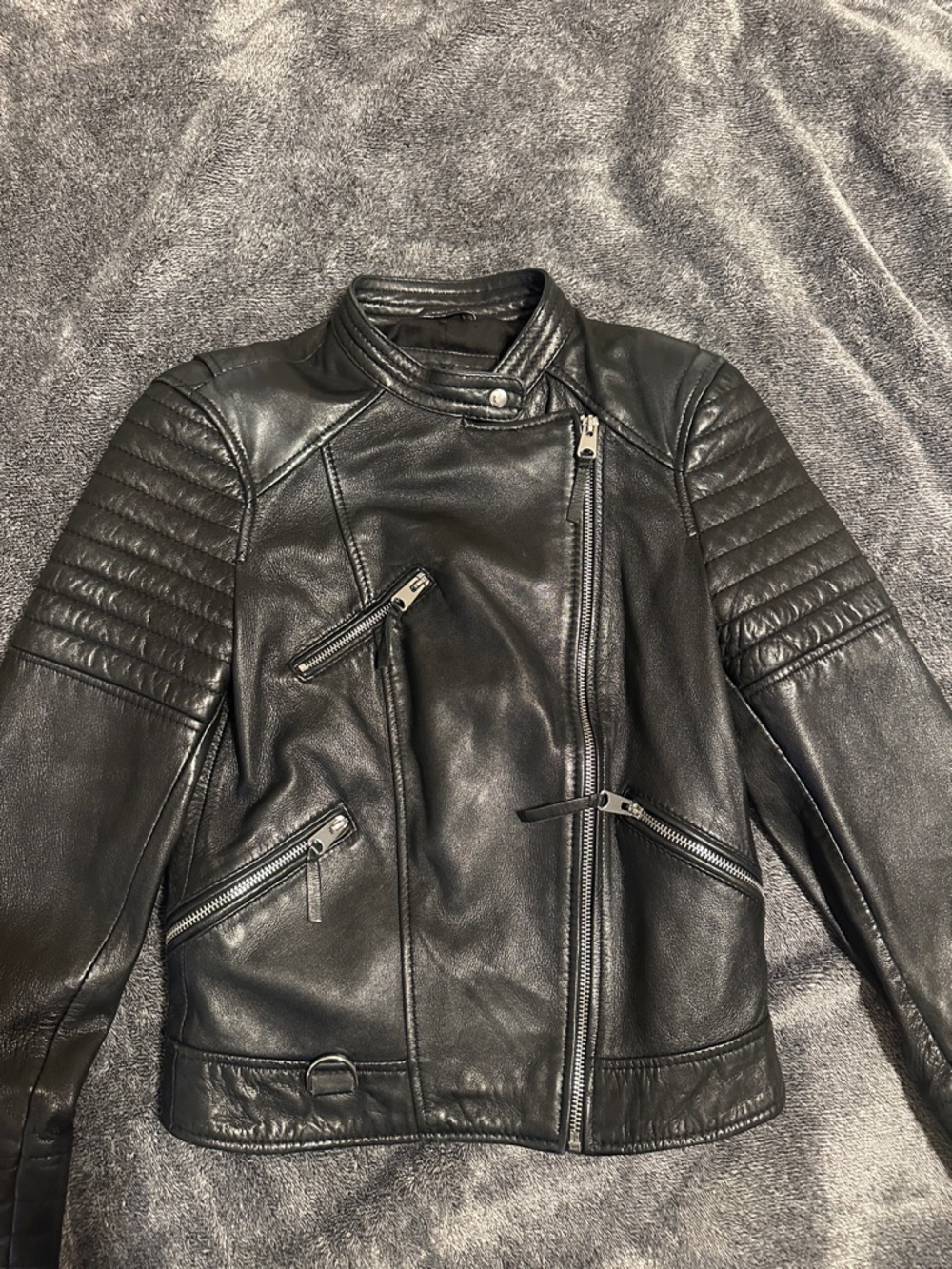 Zara Black Quilted Sleeve Leather Moto Jacket - Women